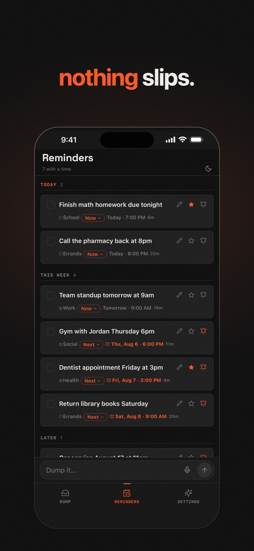 Ordo reminders organized by when they are due